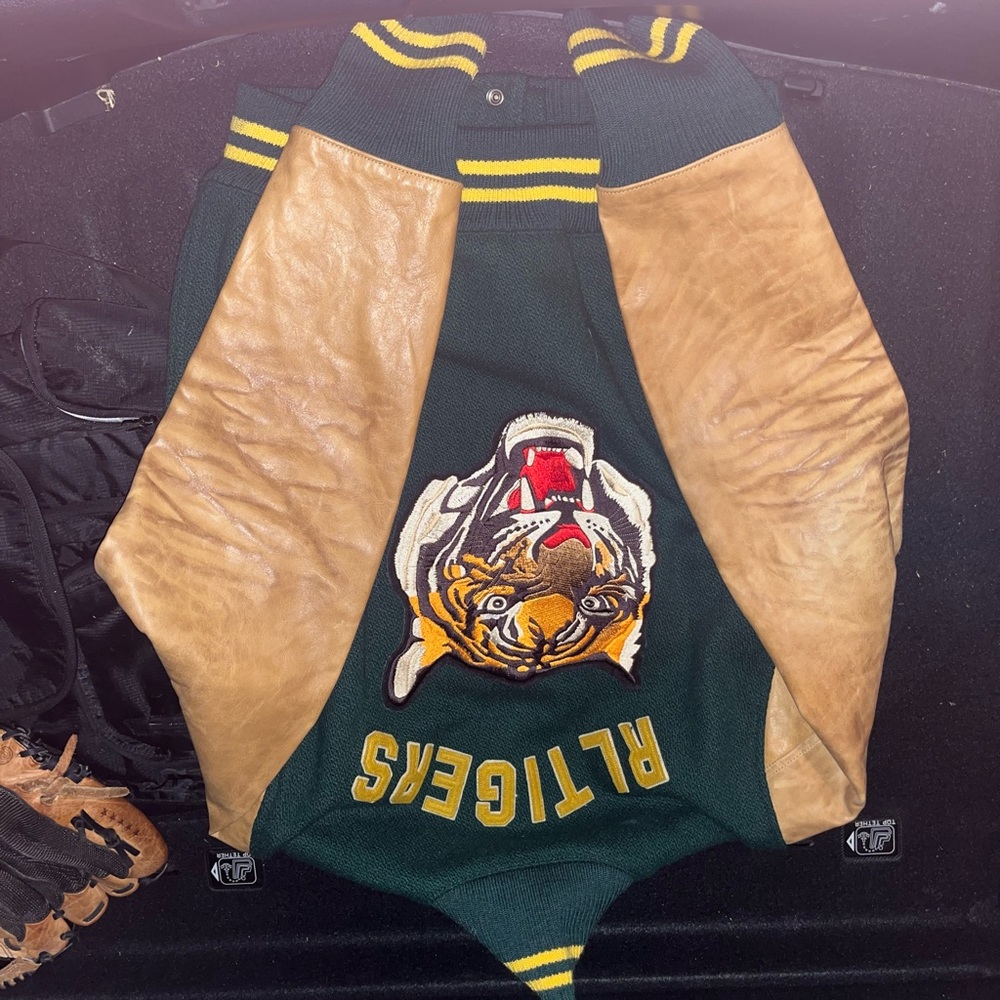 Polo Ralph Lauren Green & Brown Leather Letterman Varsity Jacket RL Tiger Large - Picture 2 of 3